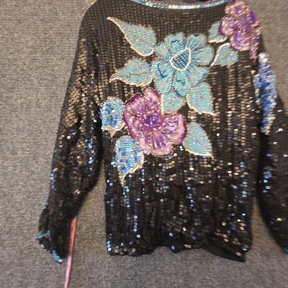 Fantasy by Lisa Kane Sequin Blouse Women's Medium Multicolor Beaded Floral Vtg View 4